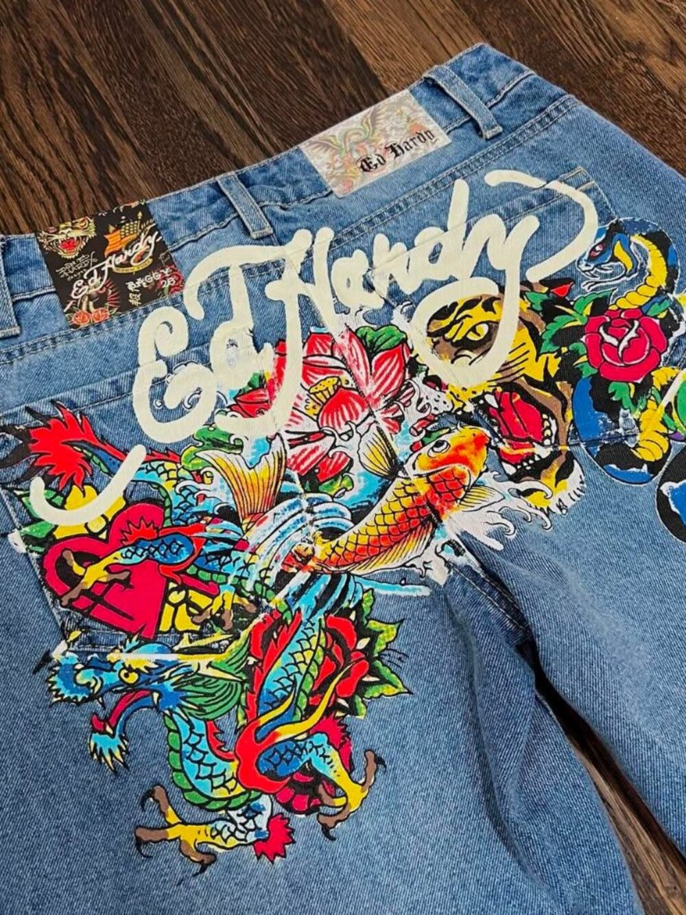 ed hardy light wash color explosion dragon denim baggy jeans size 30 NWT
